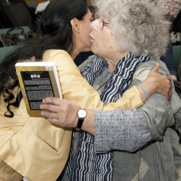 Miriam Margolyes with Aneeta Prem at Cut Flowers book launch hugging